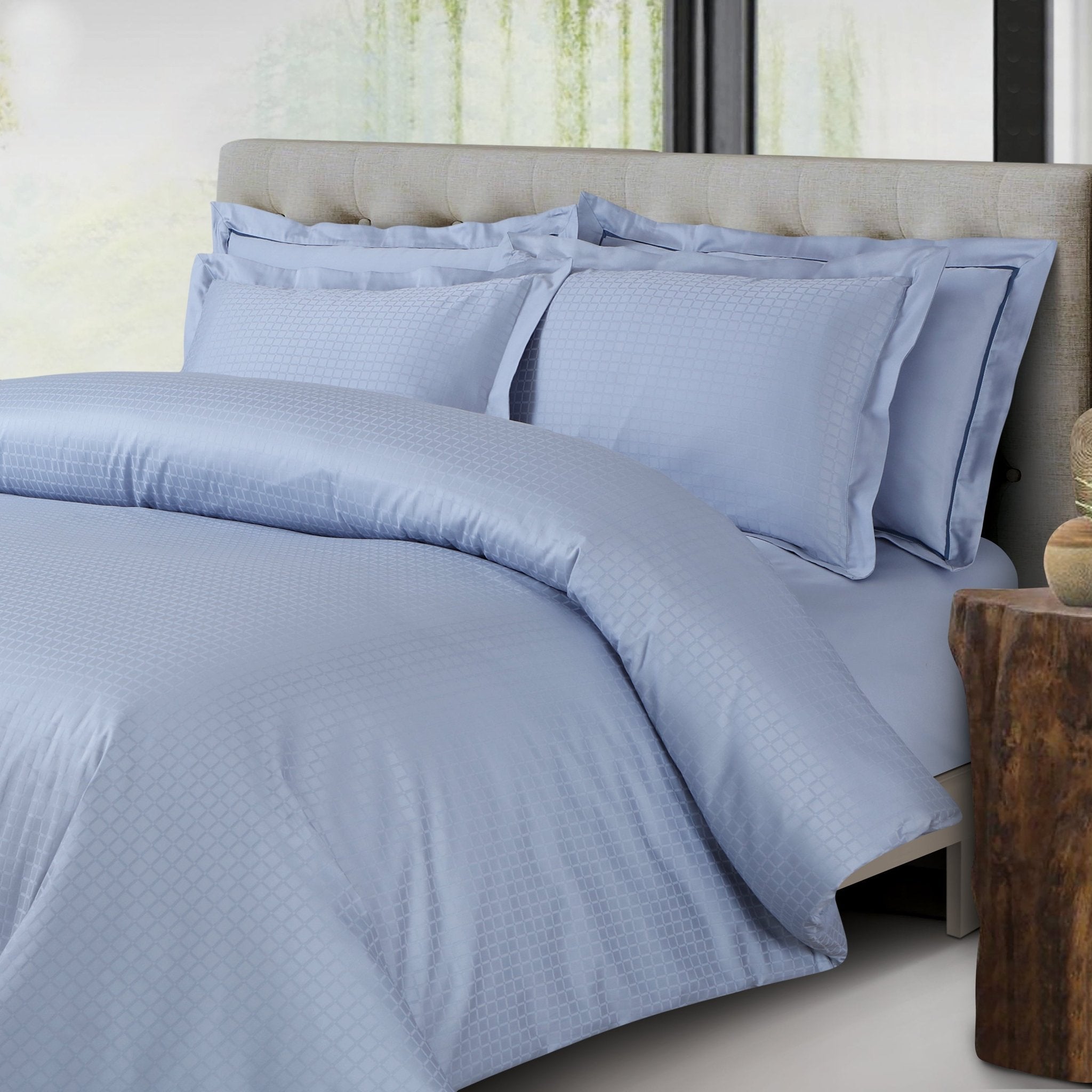 Malako Como Jacquard Pigeon Blue Checks 550 TC 100% Cotton Duvet Cover - MALAKO