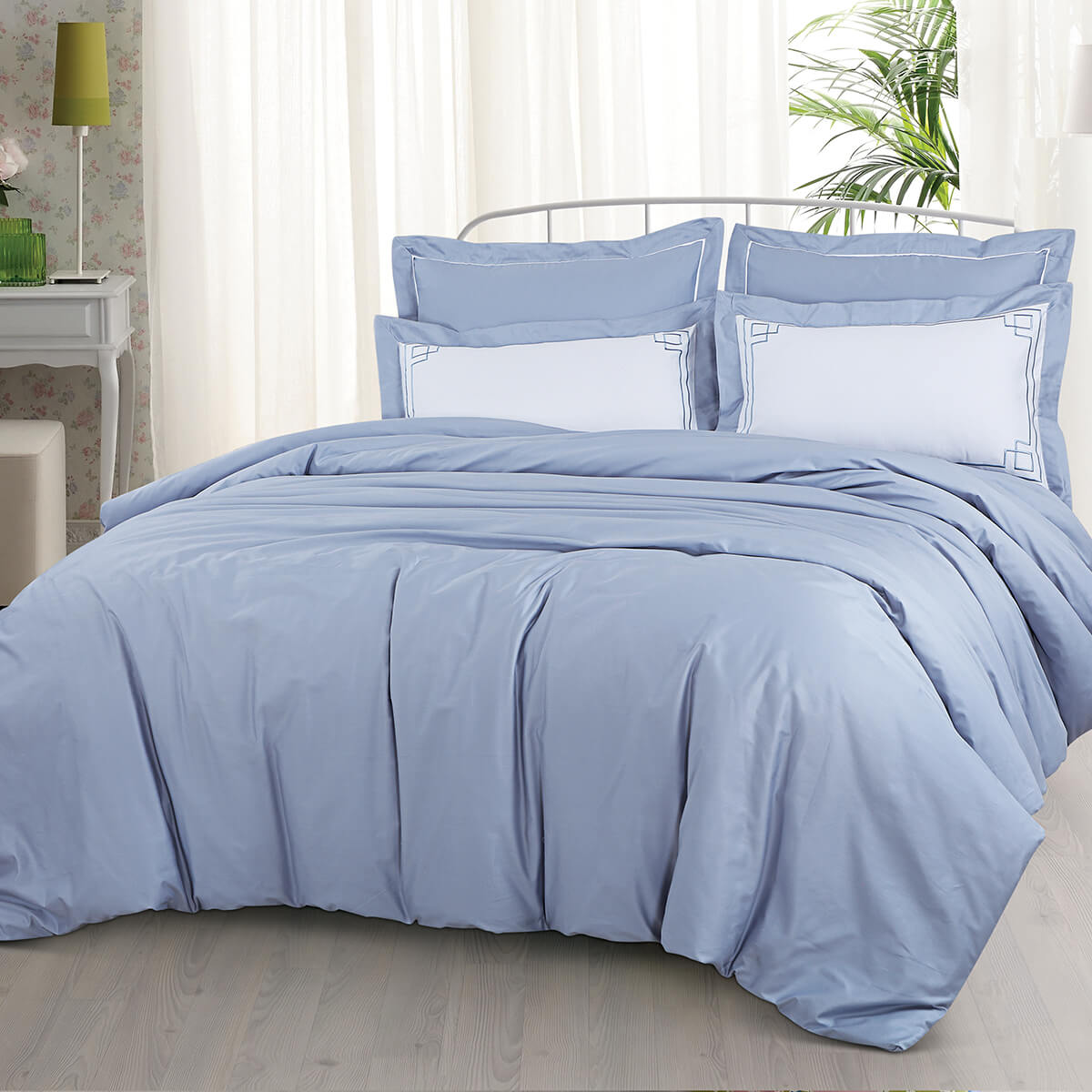 Malako Grace Embroidered Bed Sheet - Pigeon Blue Solid King Size 100% Cotton Bedsheet With 4 Pillow Covers - MALAKO