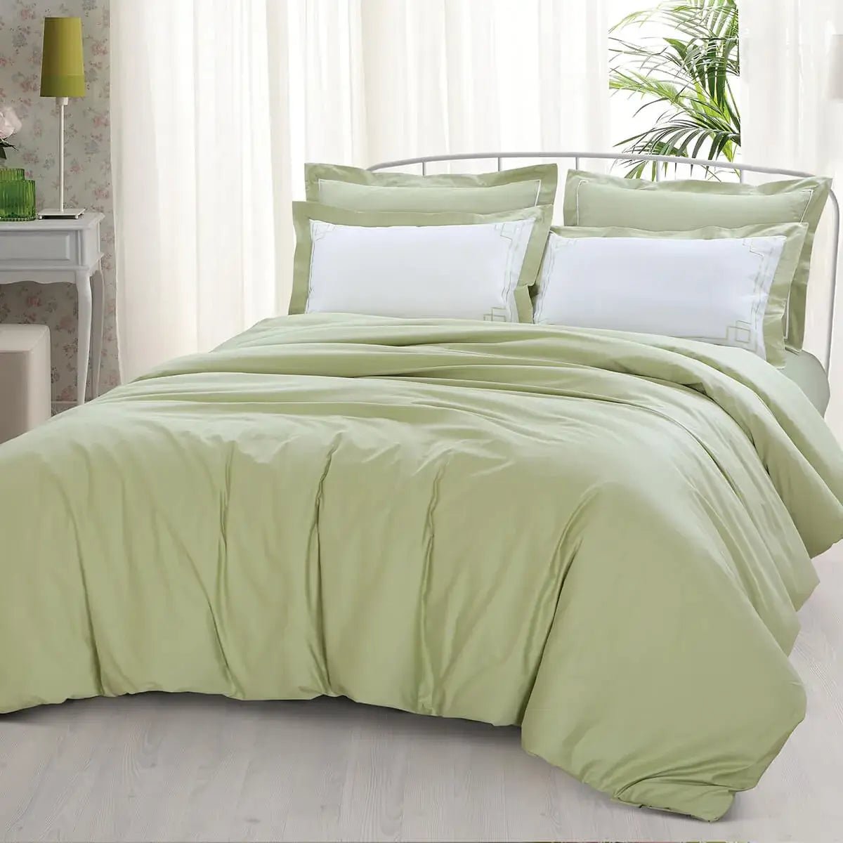 Malako Grace Embroidery Plain Sage Green King Size 100% Cotton Bed Sheet - MALAKO