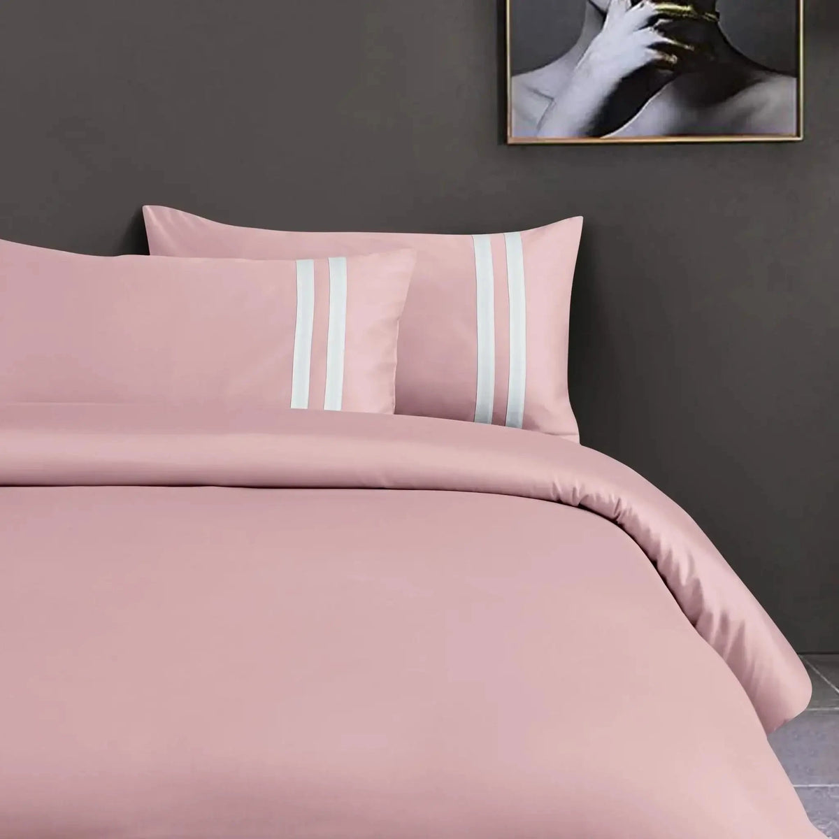 Malako Luxe 550TC 100% Cotton Blush Pink King Size Plain Bedsheet with 2 Striped Pillow Cases