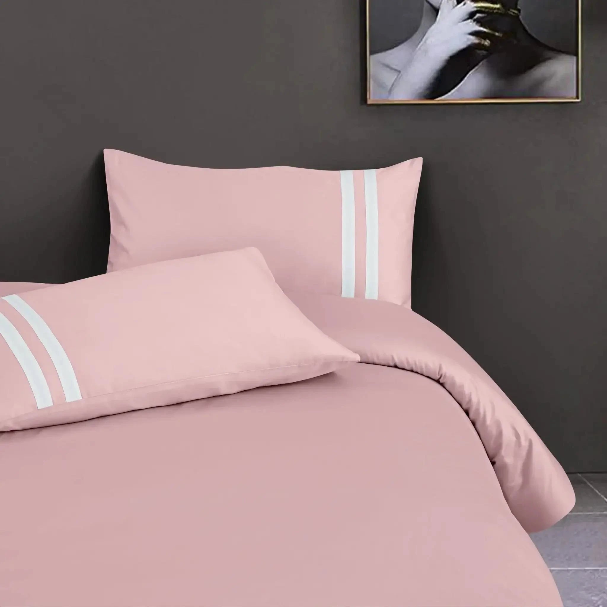 Malako Luxe 550TC 100% Cotton Blush Pink King Size Plain Bedsheet with 2 Striped Pillow Cases
