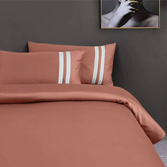 Malako Luxe 550TC 100% Cotton Cedar Rust King Size Plain Bedsheet with 2 Striped Pillow Cases