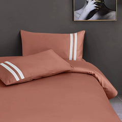 Malako Luxe 550TC 100% Cotton Cedar Rust King Size Plain Bedsheet with 2 Striped Pillow Cases