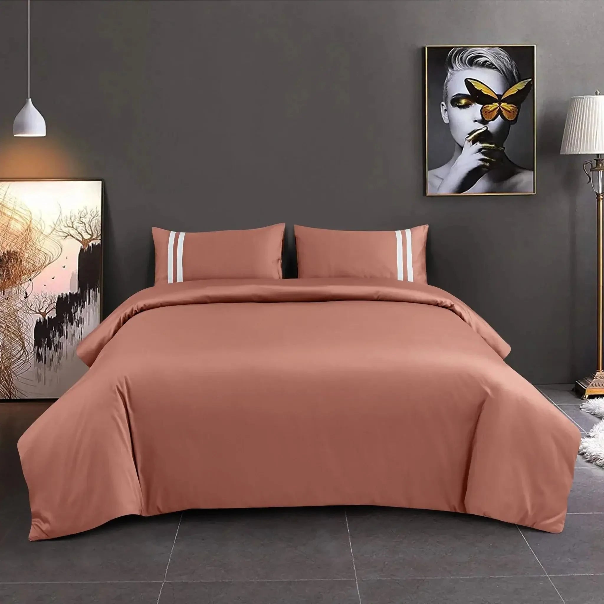 Malako Luxe 550TC 100% Cotton Cedar Rust King Size Plain Bedsheet with 2 Striped Pillow Cases