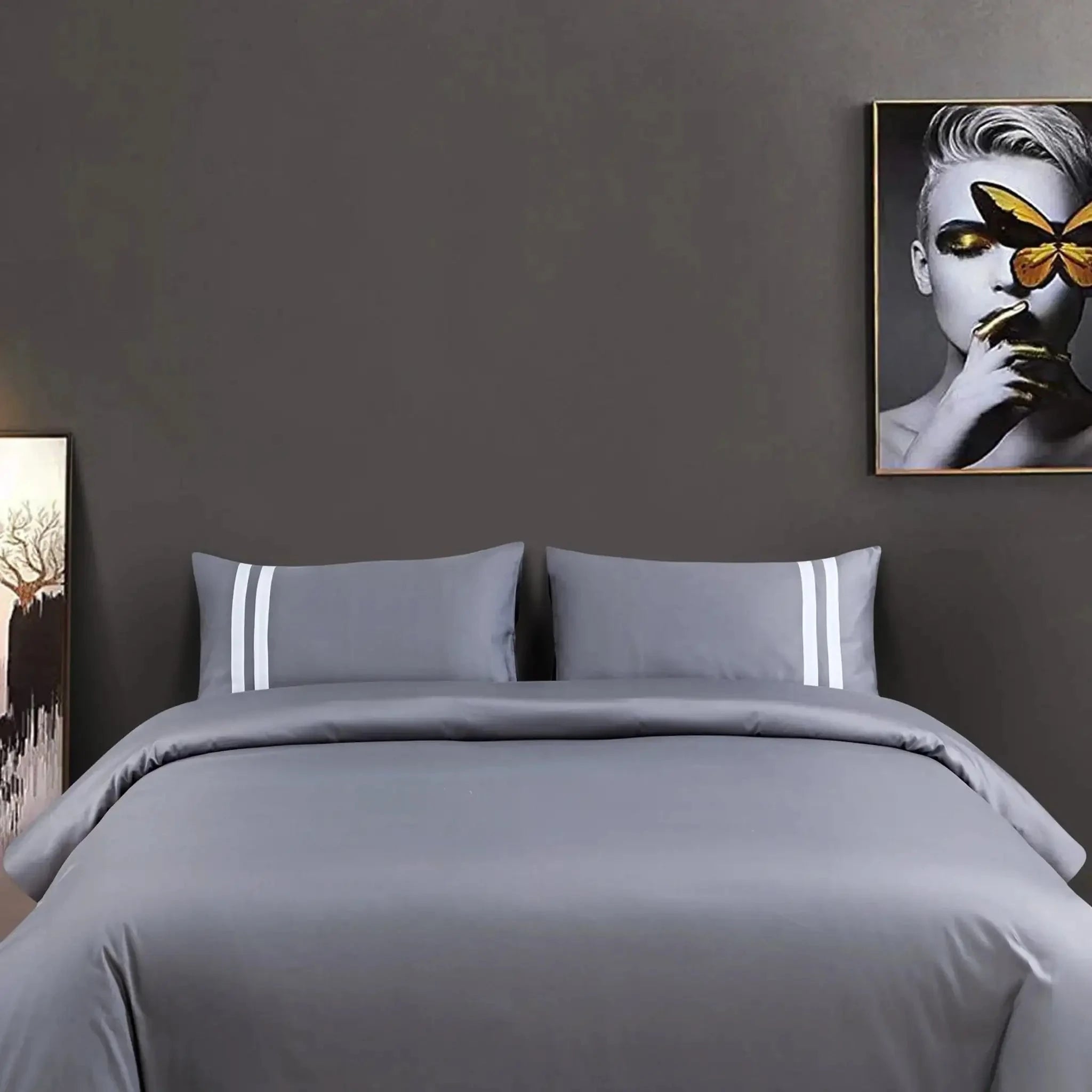 Malako Luxe 550TC 100% Cotton Dark Grey King Size Plain Bedsheet with 2 Striped Pillow Cases