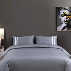 Malako Luxe 550TC 100% Cotton Dark Grey King Size Plain Bedsheet with 2 Striped Pillow Cases