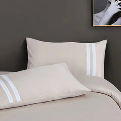 Malako Luxe 550TC 100% Cotton Beige King Size Plain Bedsheet with 2 Striped Pillow Cases