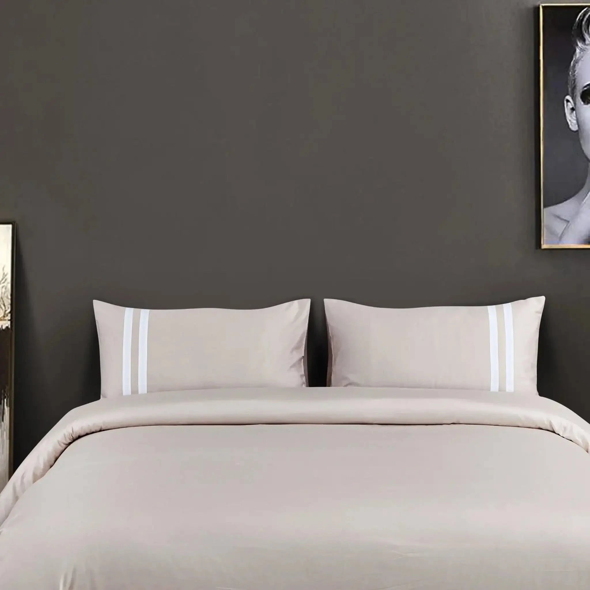 Malako Luxe 550TC 100% Cotton Beige King Size Plain Bedsheet with 2 Striped Pillow Cases