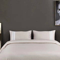 Malako Luxe 550TC 100% Cotton Beige King Size Plain Bedsheet with 2 Striped Pillow Cases