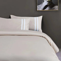 Malako Luxe 550TC 100% Cotton Beige King Size Plain Bedsheet with 2 Striped Pillow Cases