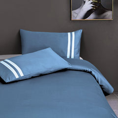Malako Luxe 550TC 100% Cotton Majolica Blue King Size Plain Bedsheet with 2 Striped Pillow Cases - MALAKO