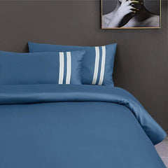 Malako Luxe 550TC 100% Cotton Majolica Blue King Size Plain Bedsheet with 2 Striped Pillow Cases - MALAKO
