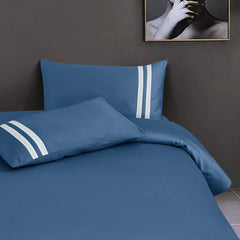 Malako Luxe 550TC 100% Cotton Majolica Blue King Size Plain Bedsheet with 2 Striped Pillow Cases - MALAKO