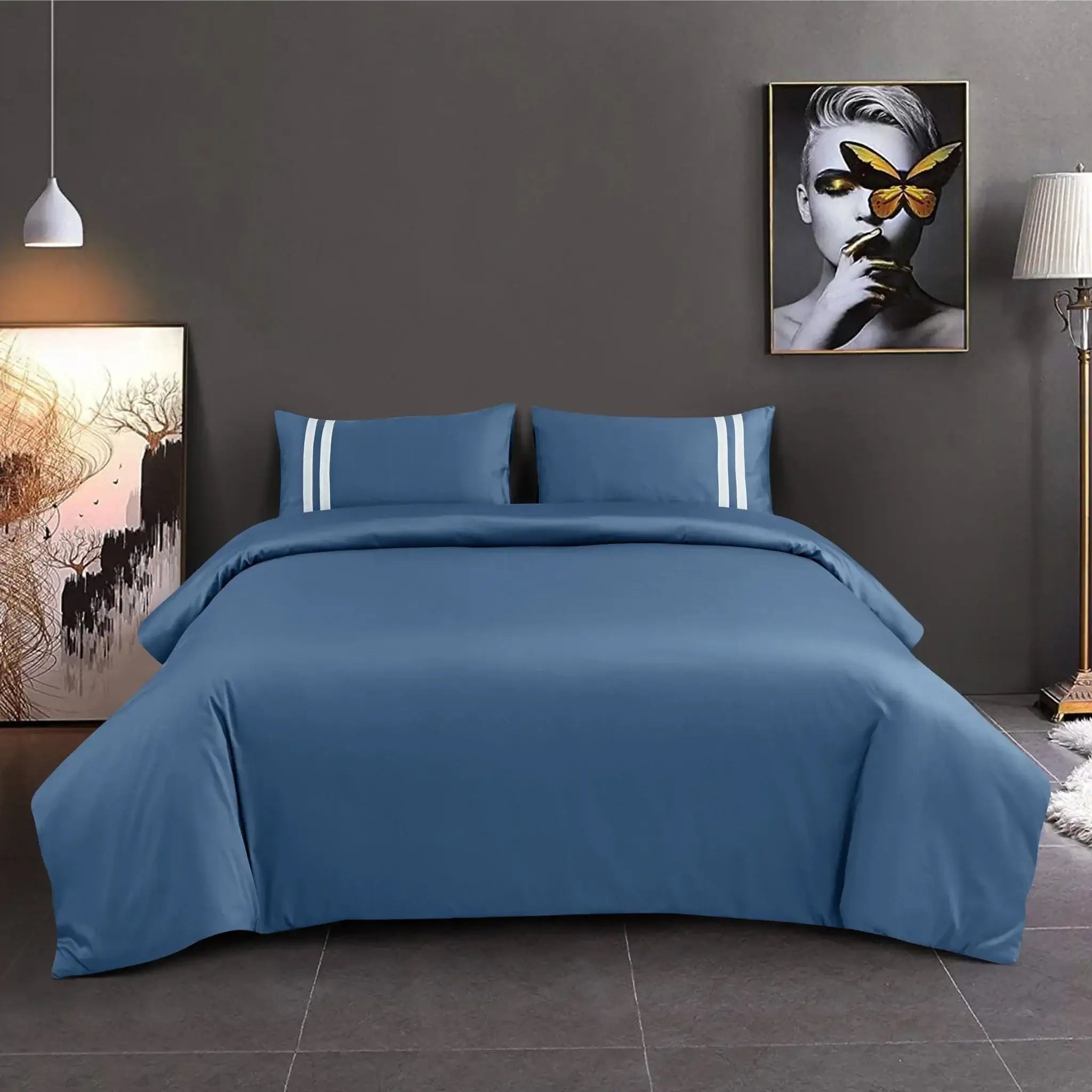 Malako Luxe 550TC 100% Cotton Majolica Blue King Size Plain Bedsheet with 2 Striped Pillow Cases - MALAKO