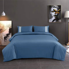 Malako Luxe 550TC 100% Cotton Majolica Blue King Size Plain Bedsheet with 2 Striped Pillow Cases - MALAKO
