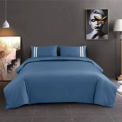 Malako Luxe 550TC 100% Cotton Majolica Blue King Size Plain Bedsheet with 2 Striped Pillow Cases