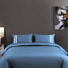 Malako Luxe 550TC 100% Cotton Majolica Blue King Size Plain Bedsheet with 2 Striped Pillow Cases - MALAKO