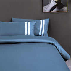 Malako Luxe 550TC 100% Cotton Majolica Blue King Size Plain Bedsheet with 2 Striped Pillow Cases - MALAKO