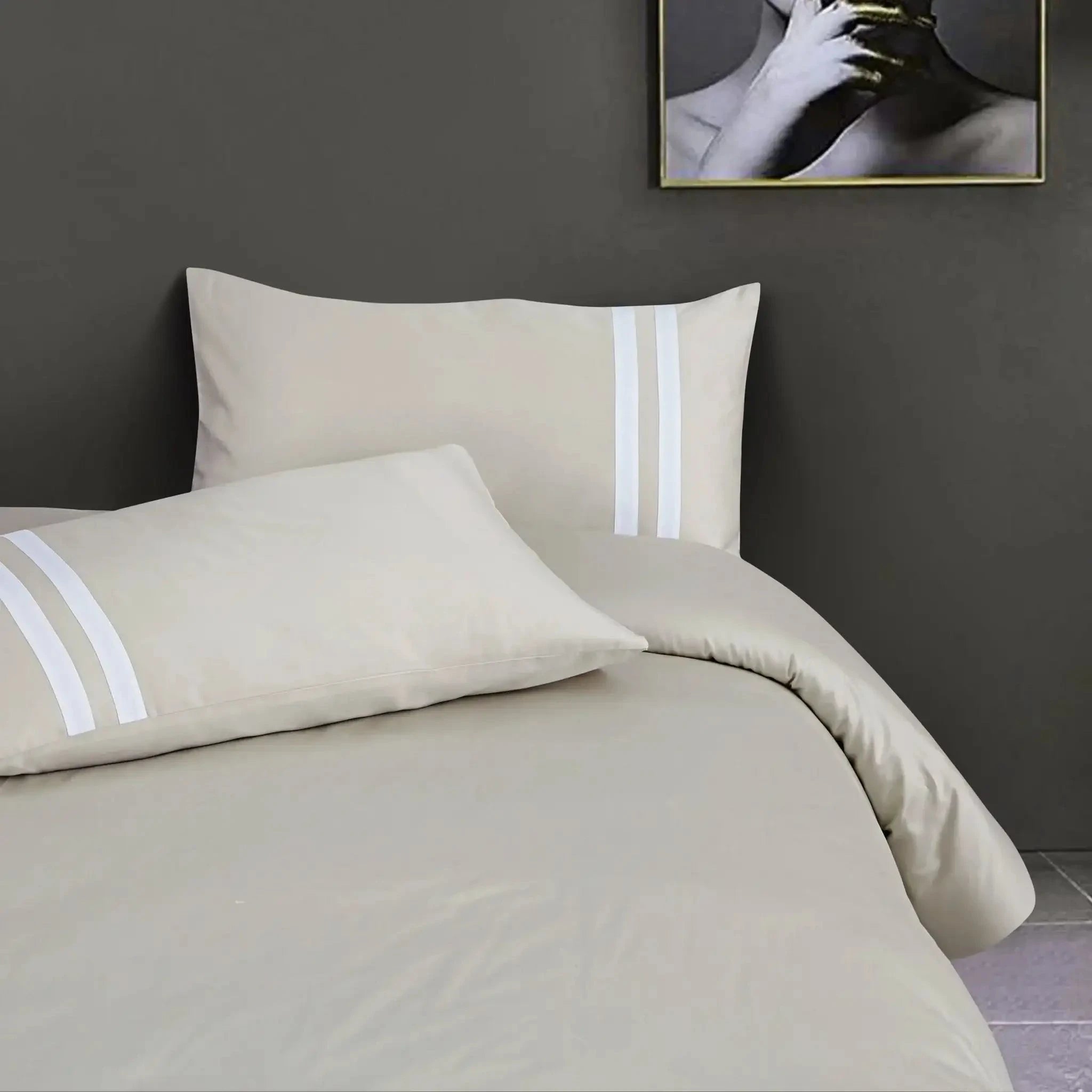 Malako Luxe 550TC 100% Cotton Olive Beige King Size Plain Bedsheet with 2 Striped Pillow Cases