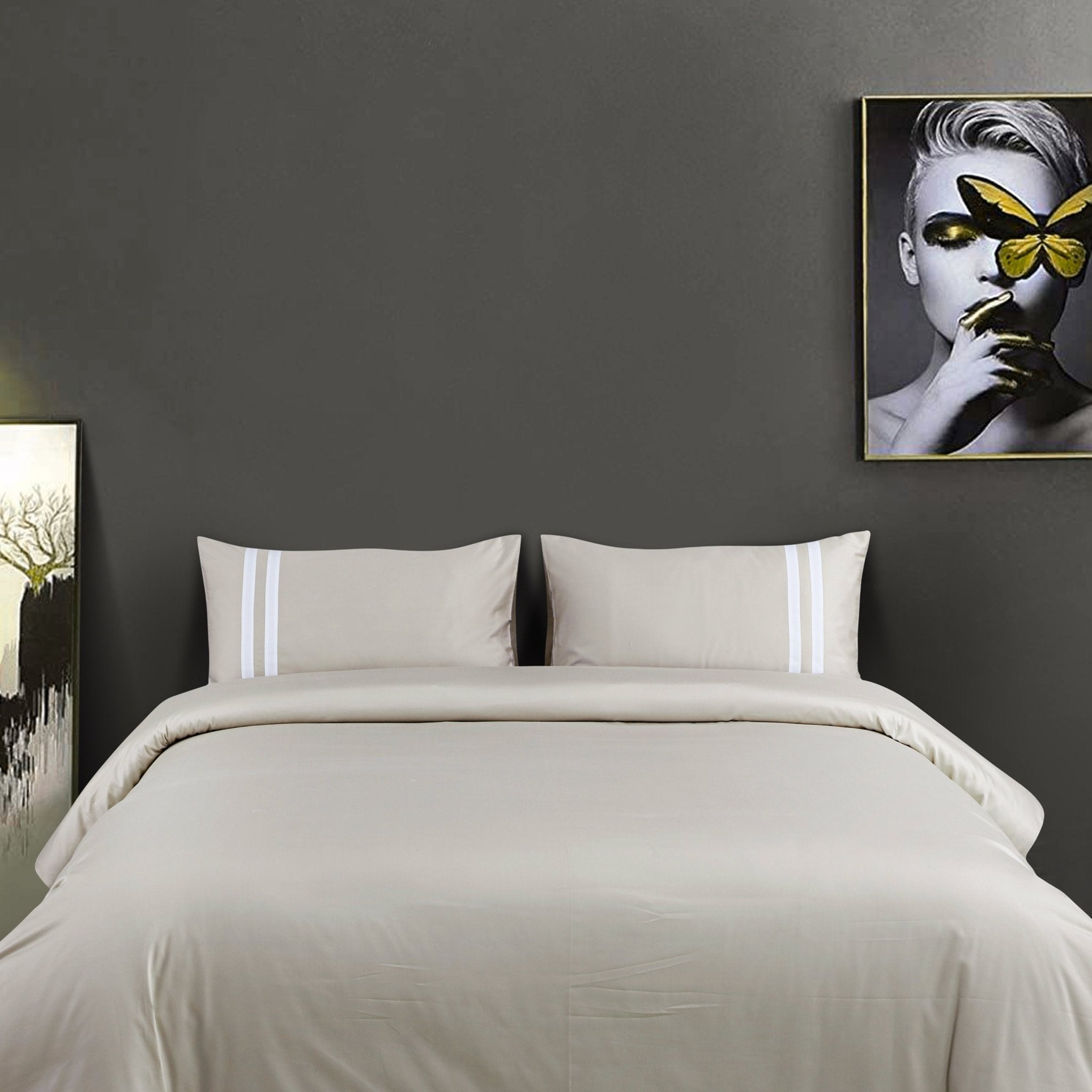 Malako Luxe 550TC 100% Cotton Olive Beige King Size Plain Bedsheet with 2 Striped Pillow Cases - MALAKO