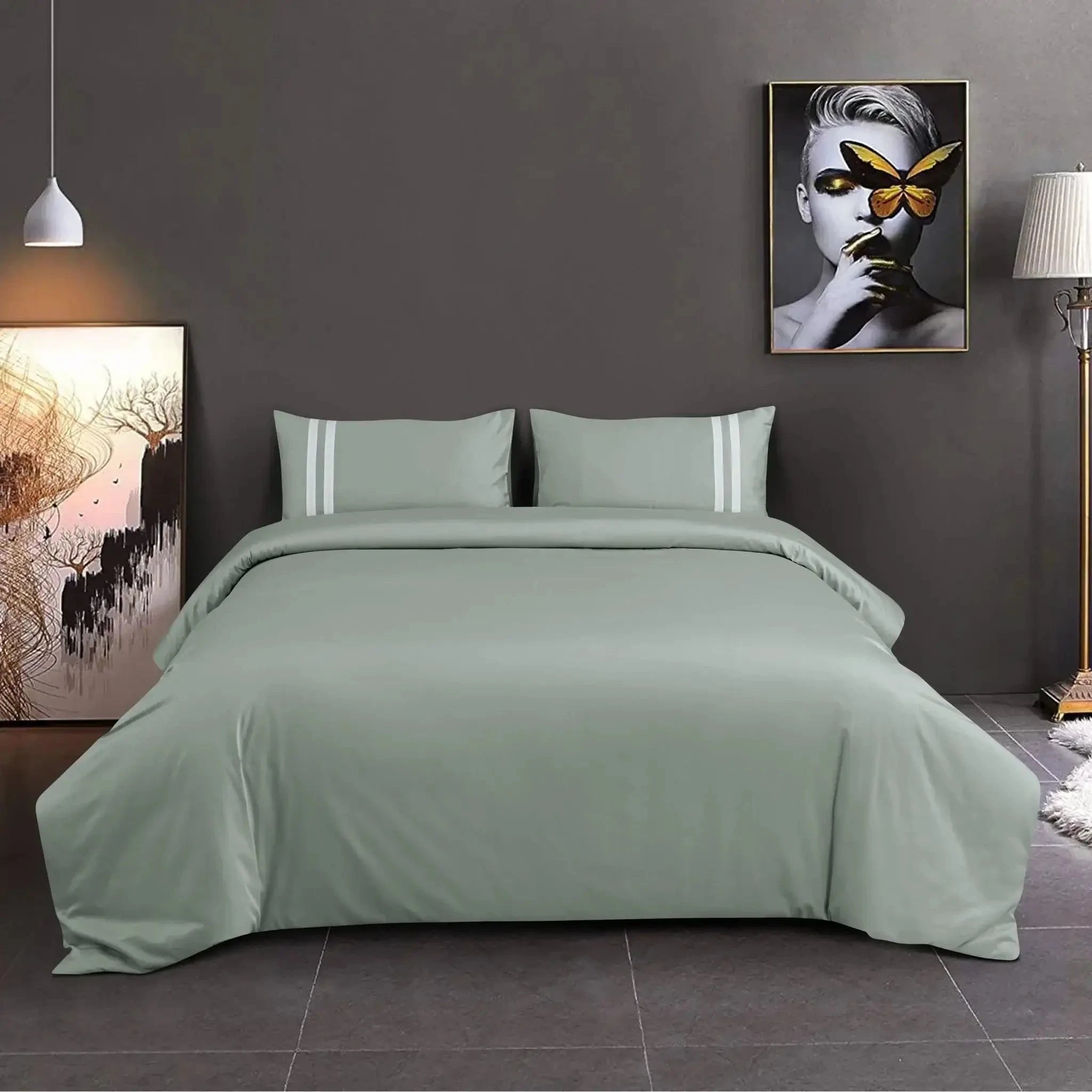 Malako Luxe 550TC 100% Cotton Olive Green King Size Plain Bedsheet with 2 Striped Pillow Cases