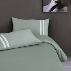 Malako Luxe 550TC 100% Cotton Olive Green King Size Plain Bedsheet with 2 Striped Pillow Cases