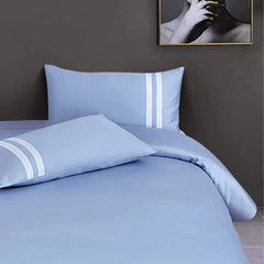 Malako Luxe 550TC 100% Cotton Pigeon Blue King Size Plain Bedsheet with 2 Striped Pillow Cases