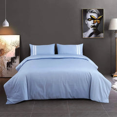 Malako Luxe 550TC 100% Cotton Pigeon Blue King Size Plain Bedsheet with 2 Striped Pillow Cases