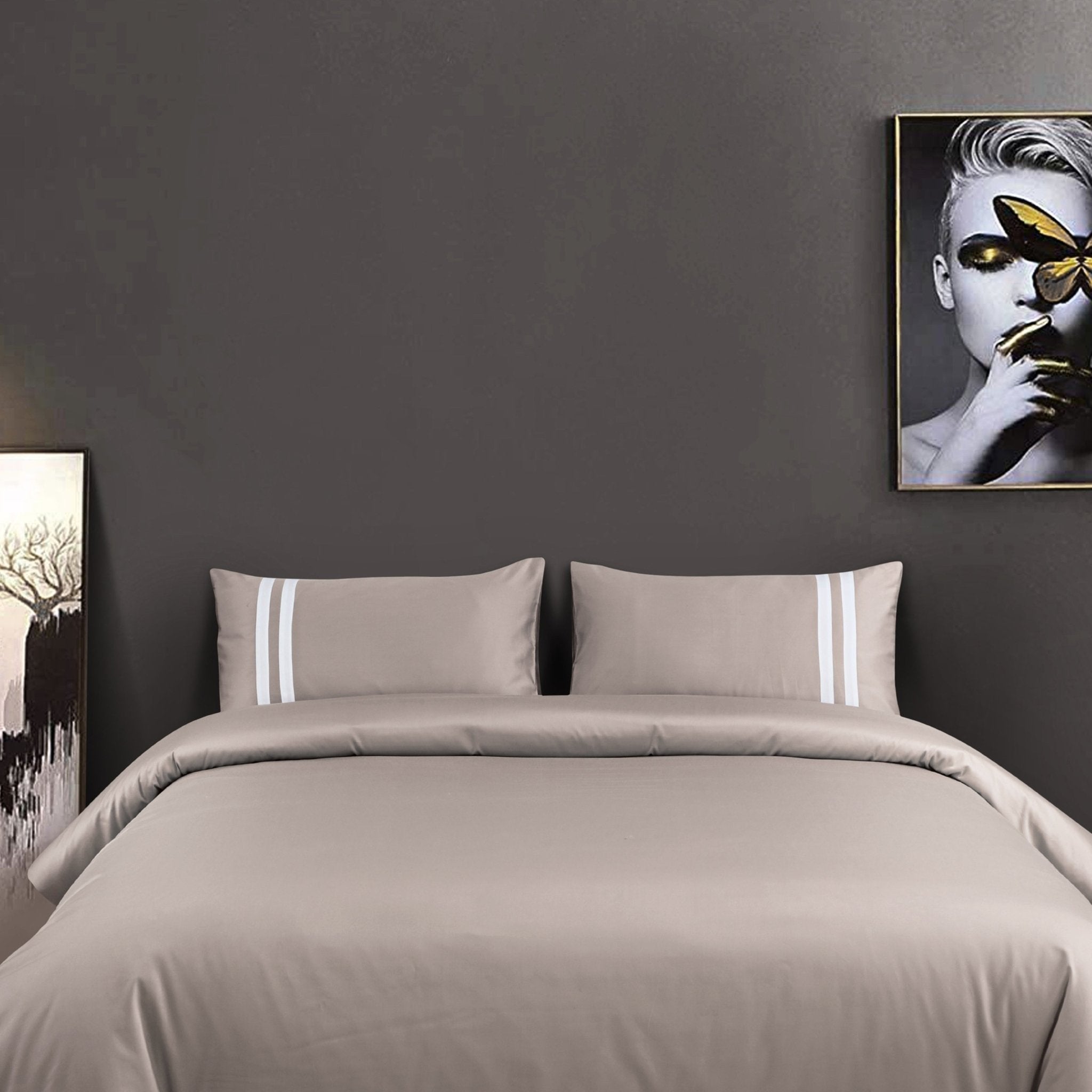 Malako Luxe 550TC 100% Cotton Taupe Brown King Size Plain Bedsheet with 2 Striped Pillow Cases - MALAKO