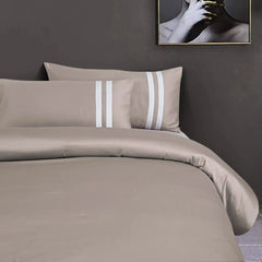 Malako Luxe 550TC 100% Cotton Taupe Brown King Size Plain Bedsheet with 2 Striped Pillow Cases
