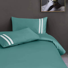 Malako Luxe 550TC 100% Cotton Teal Green King Size Plain Bedsheet with 2 Striped Pillow Cases