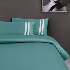 Malako Luxe 550TC 100% Cotton Teal Green King Size Plain Bedsheet with 2 Striped Pillow Cases
