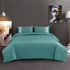 Malako Luxe 550TC 100% Cotton Teal Green King Size Plain Bedsheet with 2 Striped Pillow Cases