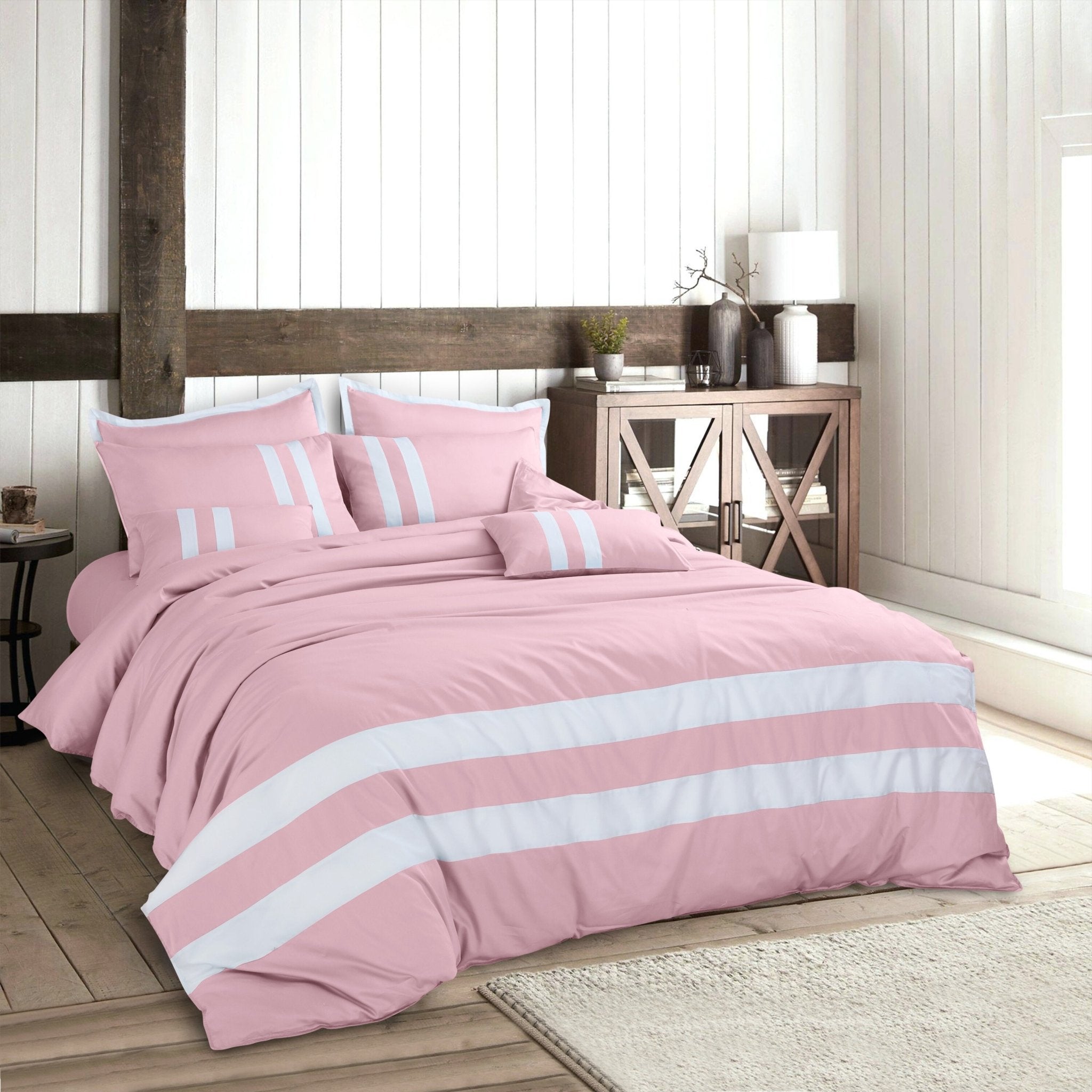 Malako Luxe Blush Pink Plain Striped 100% Cotton King Size Duvet Cover Set - MALAKO