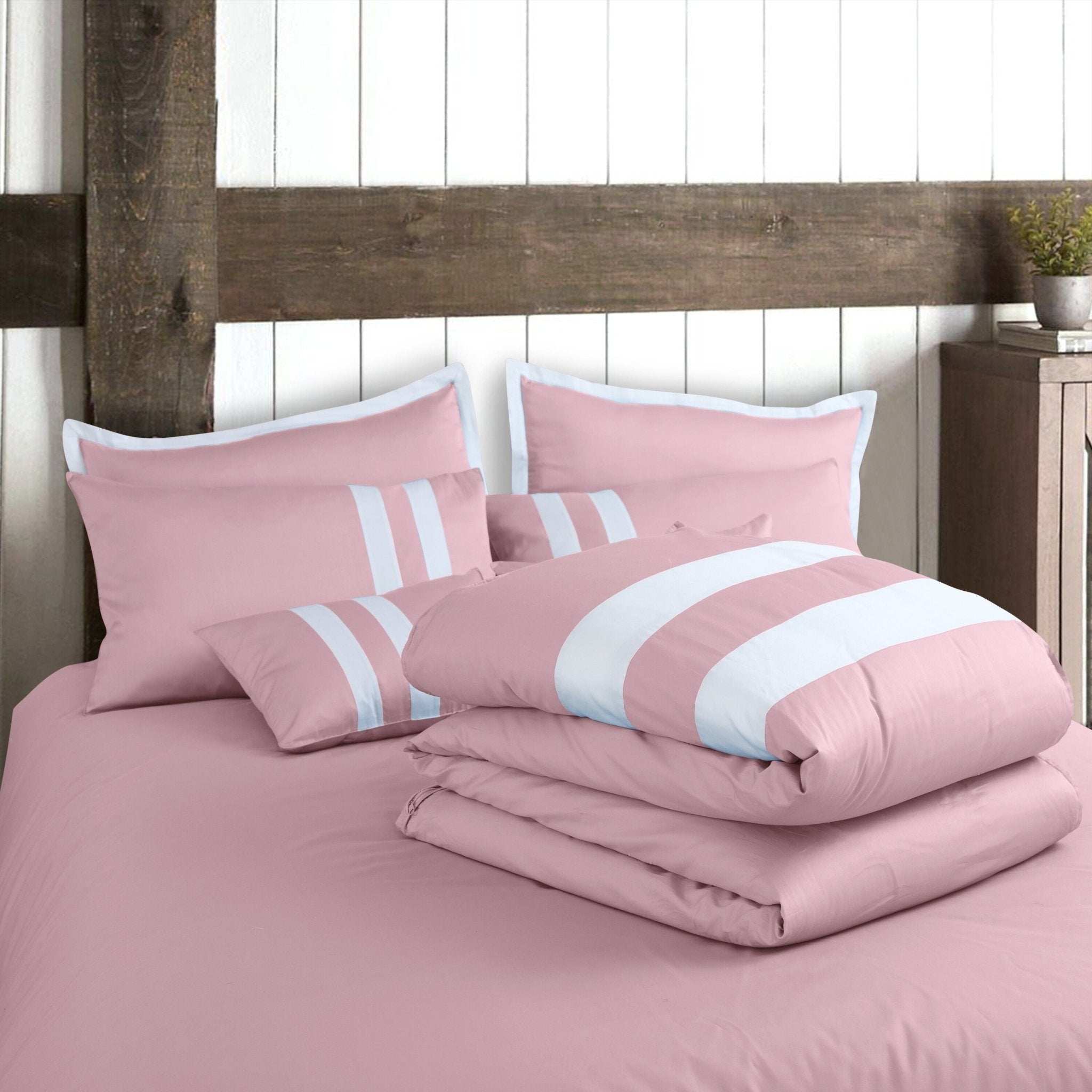 Malako Luxe Blush Pink Plain Striped 100% Cotton King Size Duvet Cover Set - MALAKO