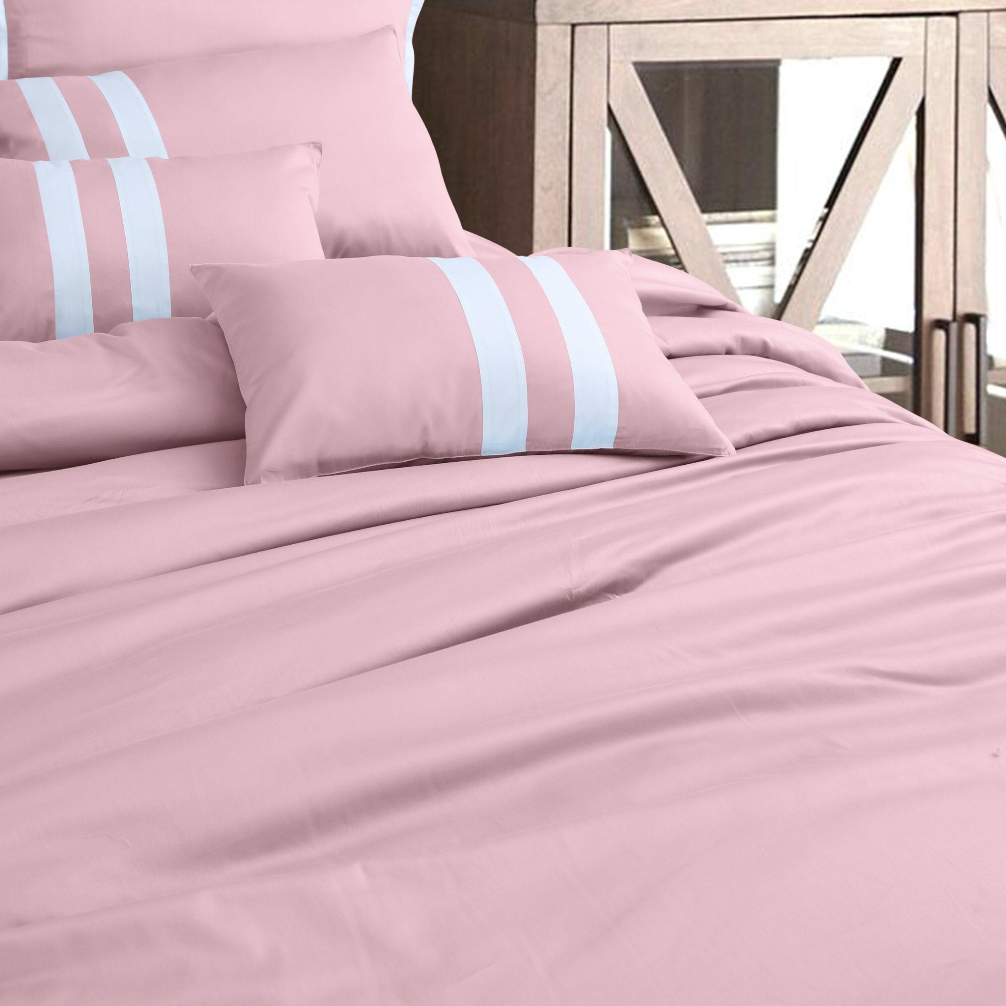 Malako Luxe Blush Pink Plain Striped 100% Cotton King Size Duvet Cover Set - MALAKO