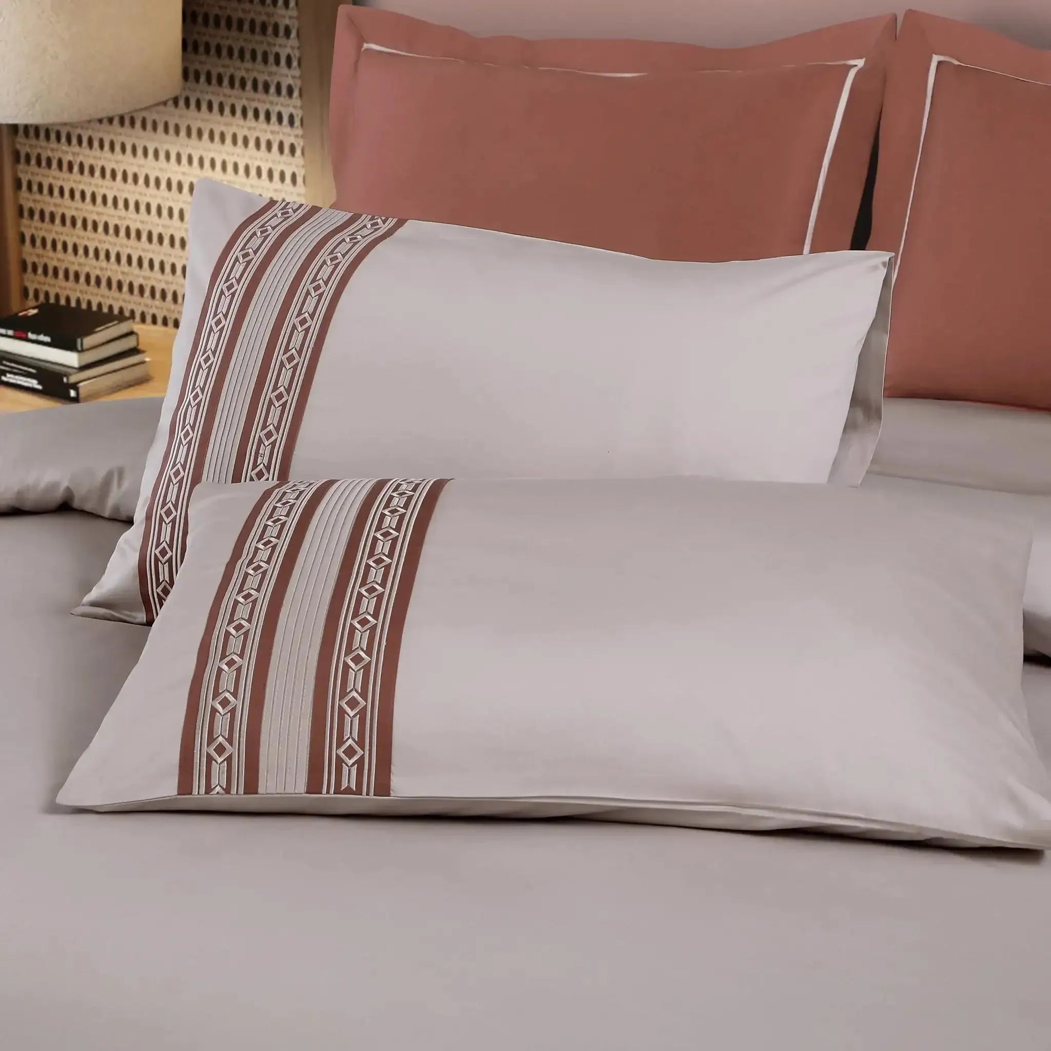 Malako Luxe Collection 550 TC Almond Beige & Cedar Premium Embroidered Bedding