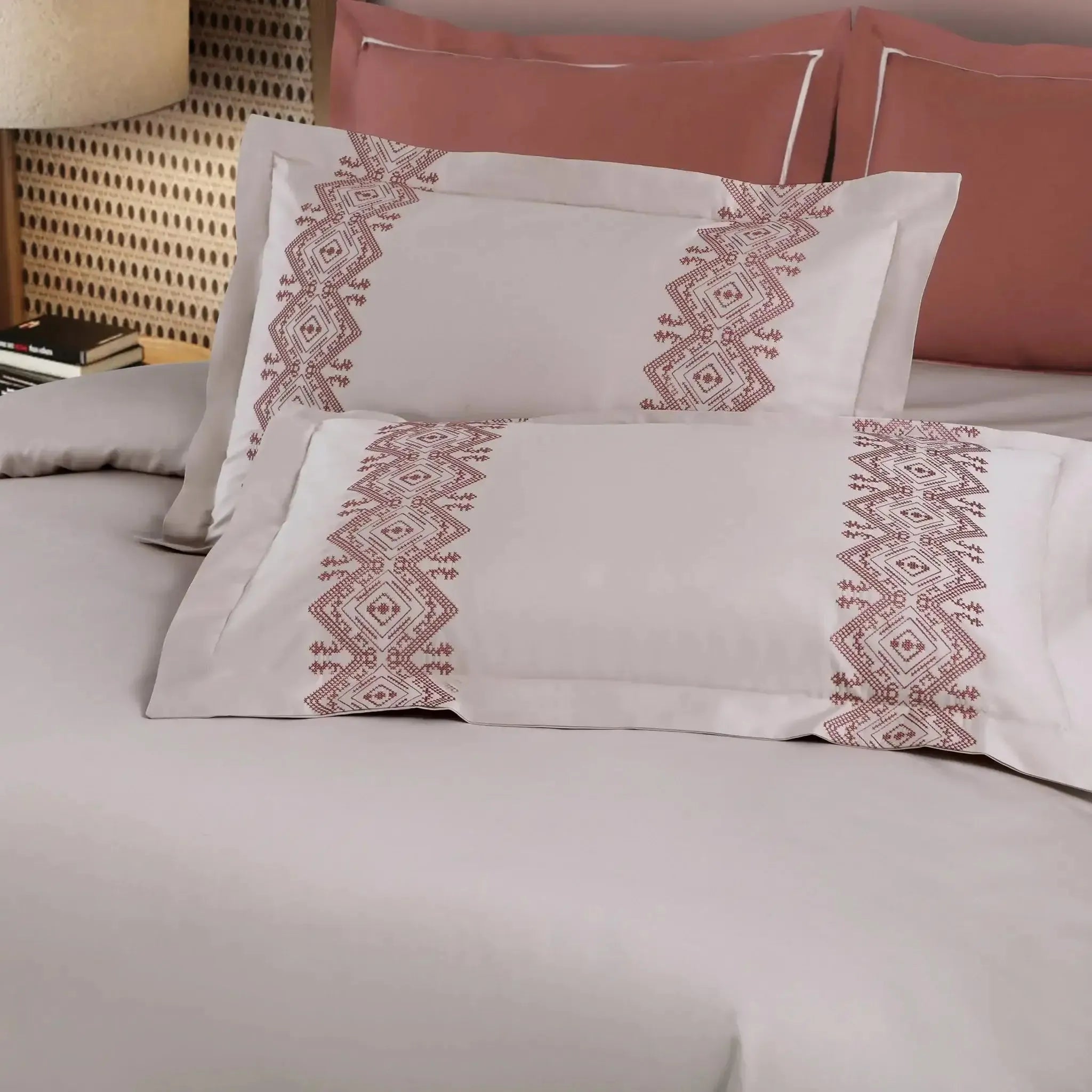 Malako Luxe Collection 550 TC Almond Beige & Cedar Premium Embroidered Bedding