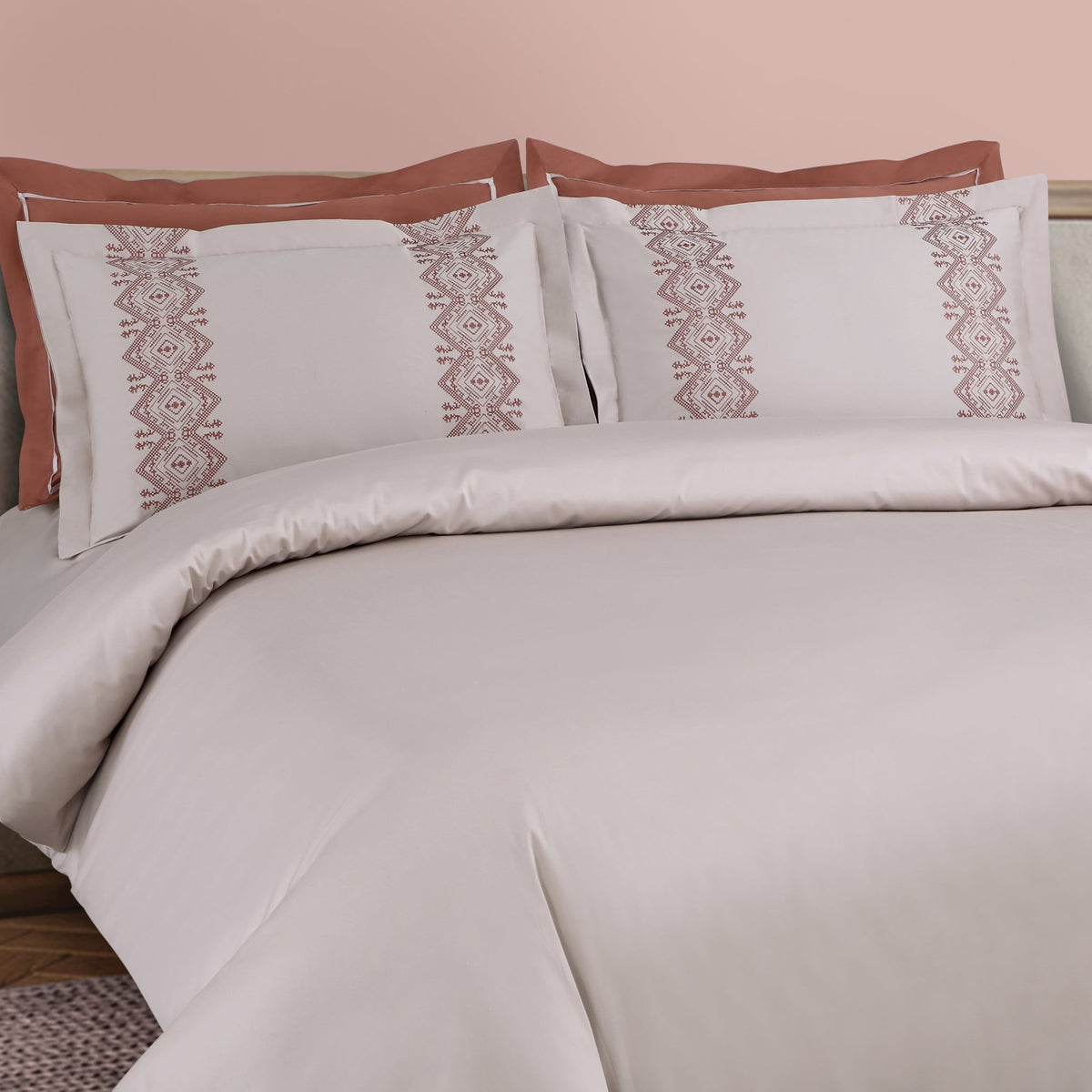 Malako Luxe Collection: 550 TC Almond Beige & Cedar Premium Embroidered Bedding - MALAKO
