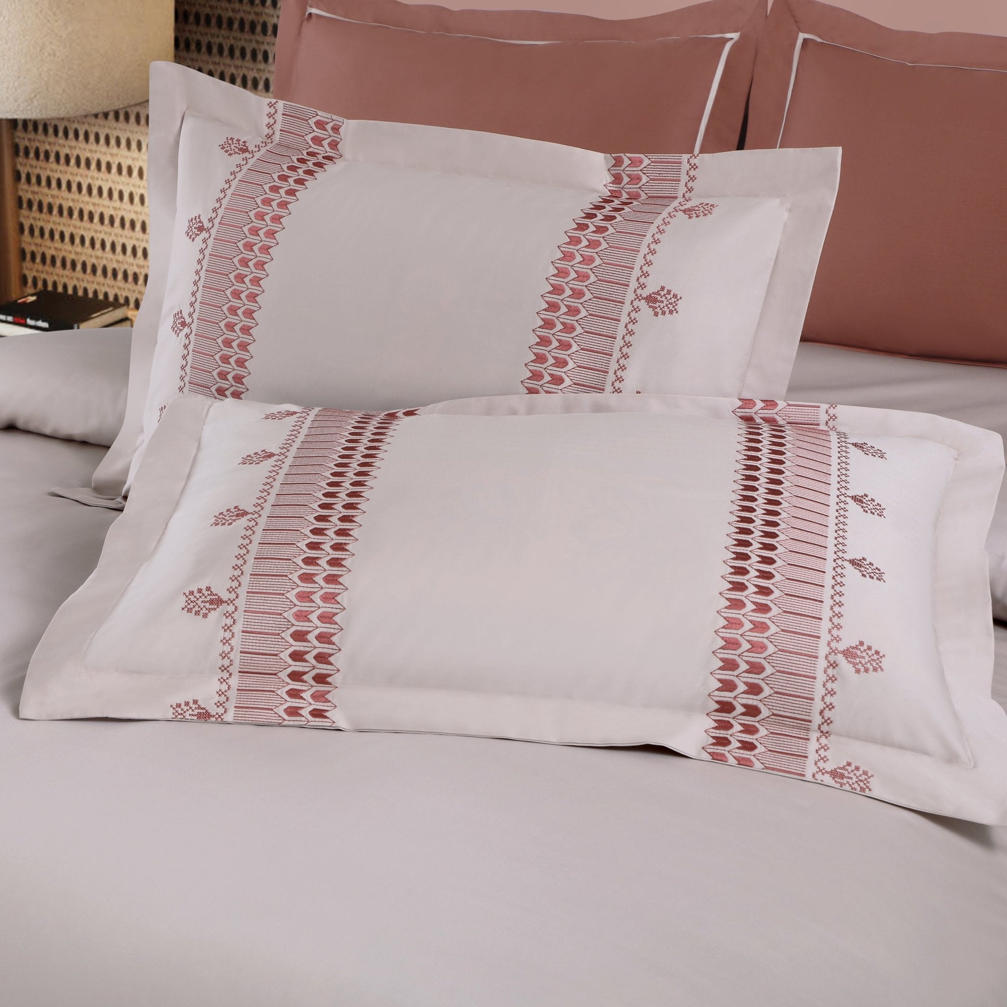 Malako Luxe Collection: 550 TC Almond Beige & Cedar Premium Embroidered Bedding - MALAKO