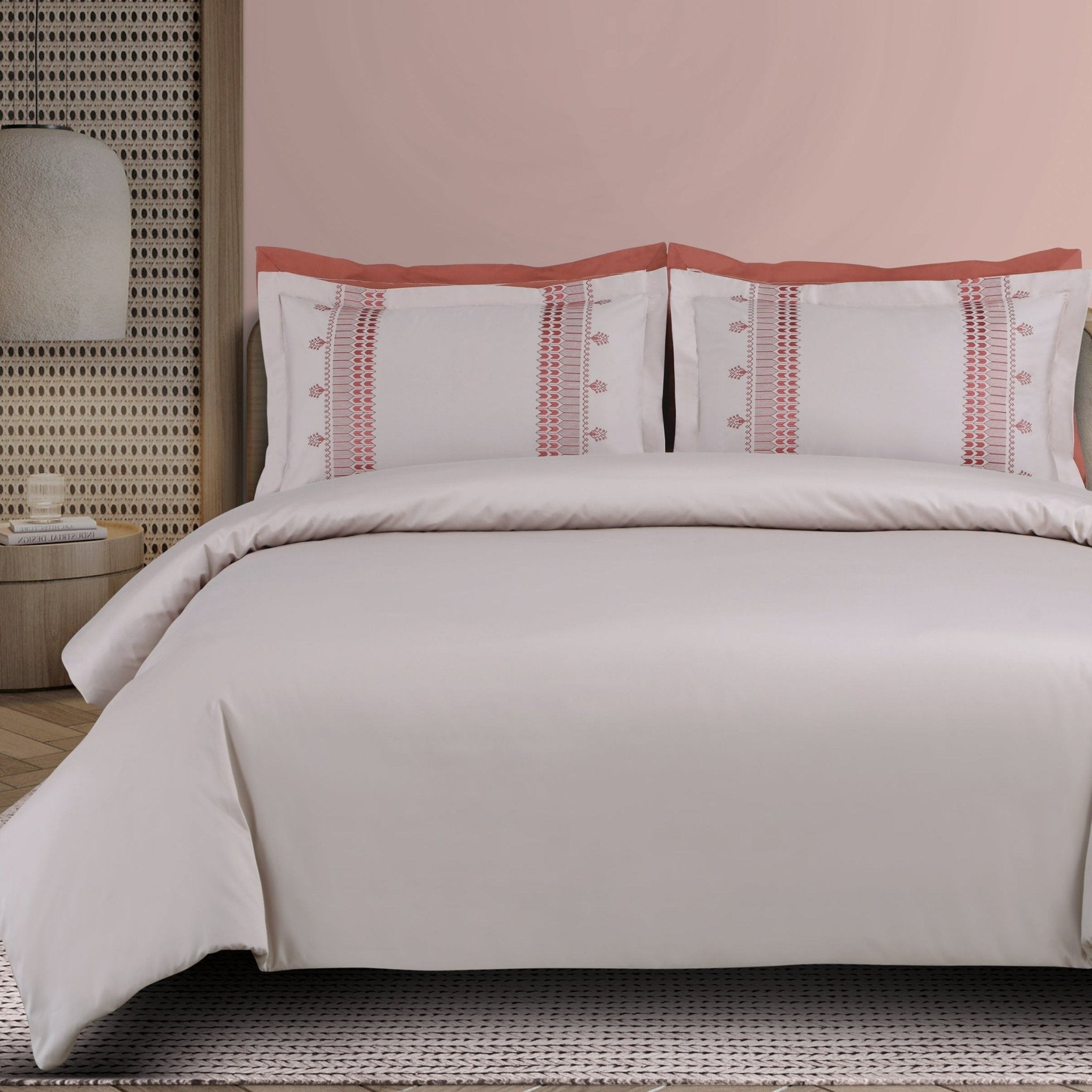 Malako Luxe Collection: 550 TC Almond Beige & Cedar Premium Embroidered Bedding - MALAKO