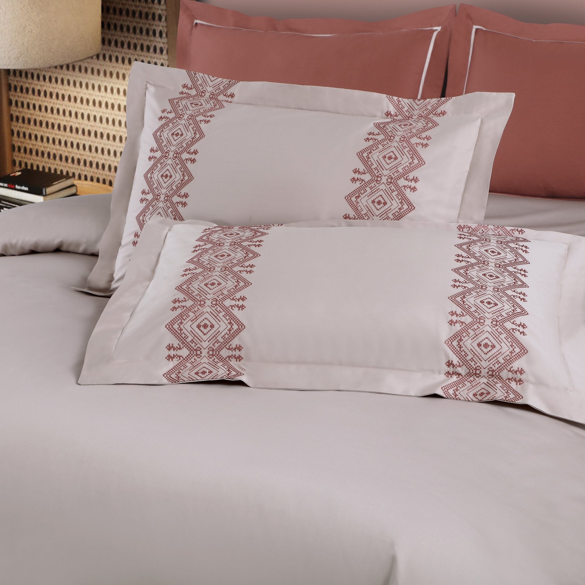 Malako Luxe Collection: 550 TC Almond Beige & Cedar Premium Embroidered Bedding - MALAKO