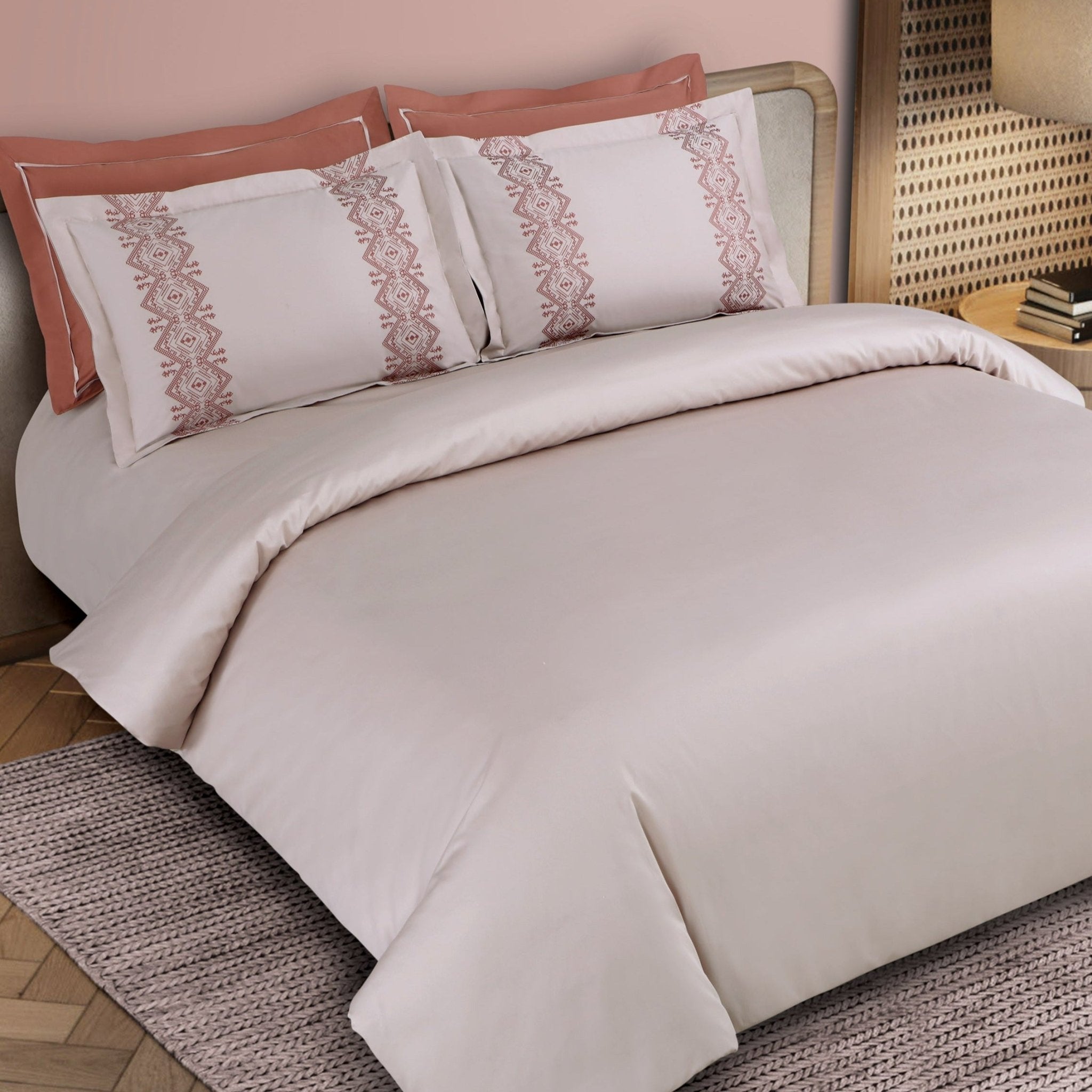 Malako Luxe Collection: 550 TC Almond Beige & Cedar Premium Embroidered Bedding - MALAKO
