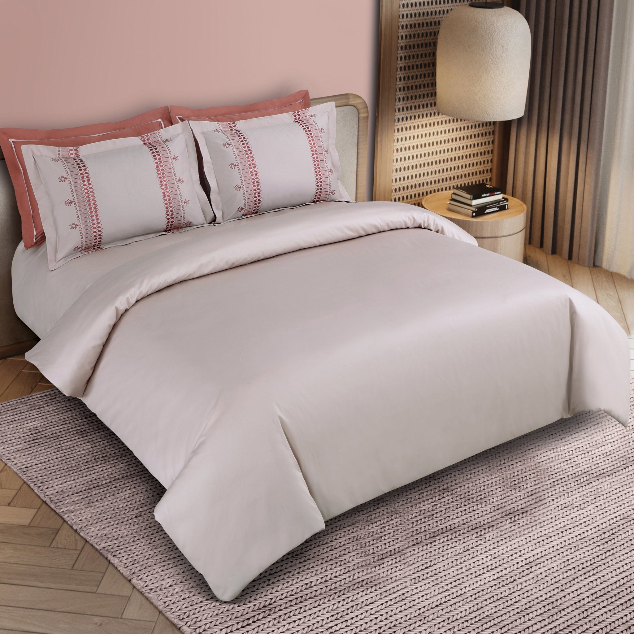 Malako Luxe Collection: 550 TC Almond Beige & Cedar Premium Embroidered Bedding - MALAKO