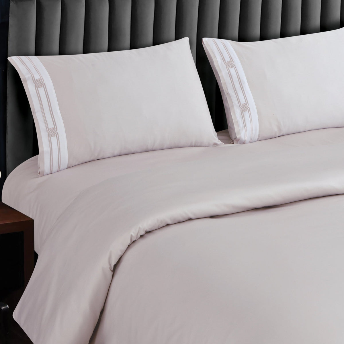 Malako Luxe Collection: 550 TC Almond Beige Premium Embroidered Bedding - MALAKO