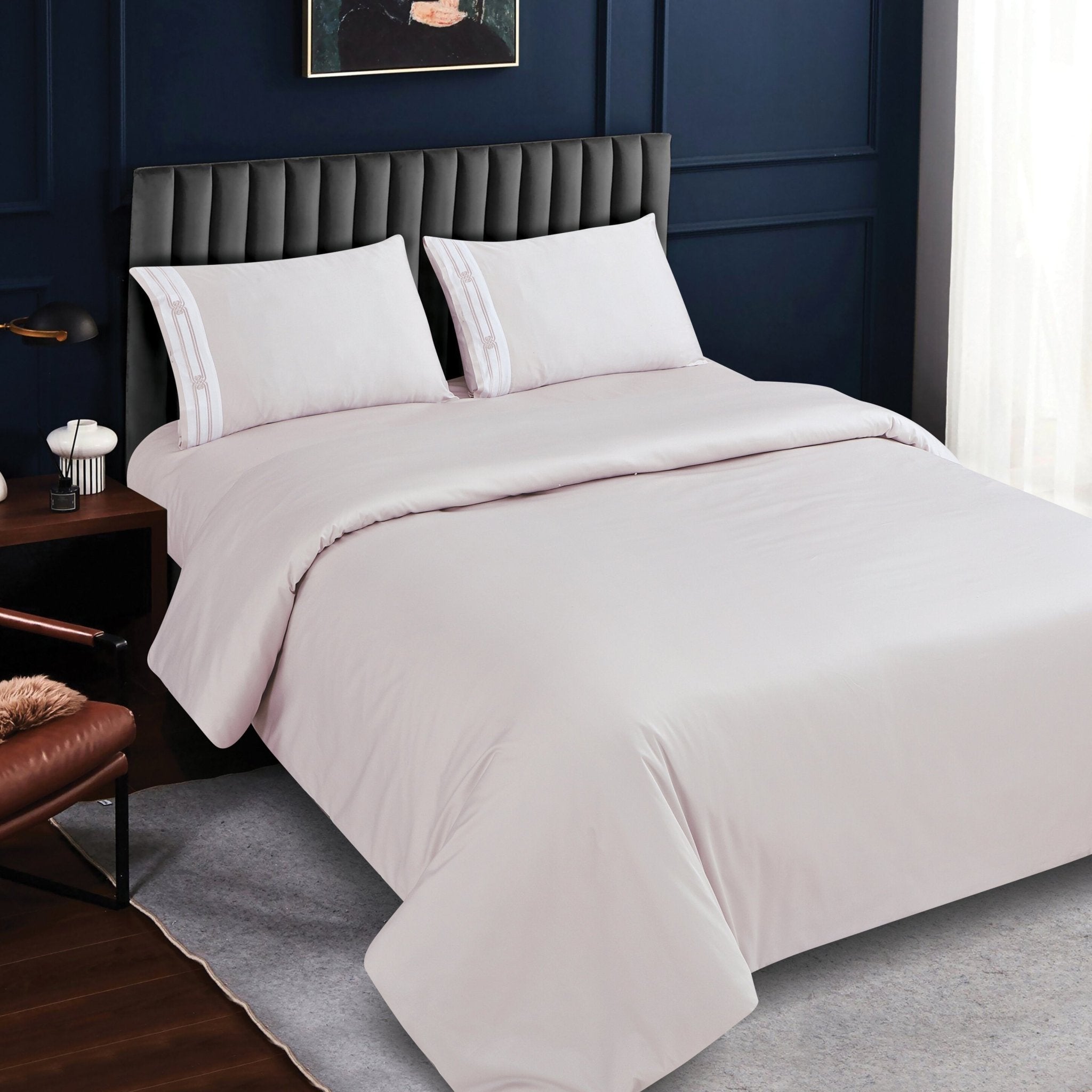 Malako Luxe Collection: 550 TC Almond Beige Premium Embroidered Bedding - MALAKO