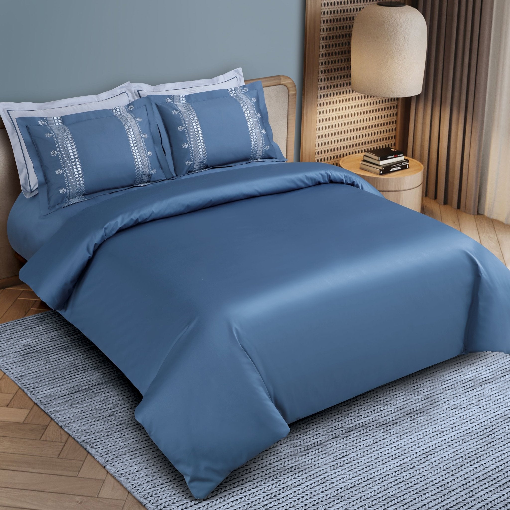 Malako Luxe Collection: 550 TC Legion Blue Premium Embroidered Bedding - MALAKO