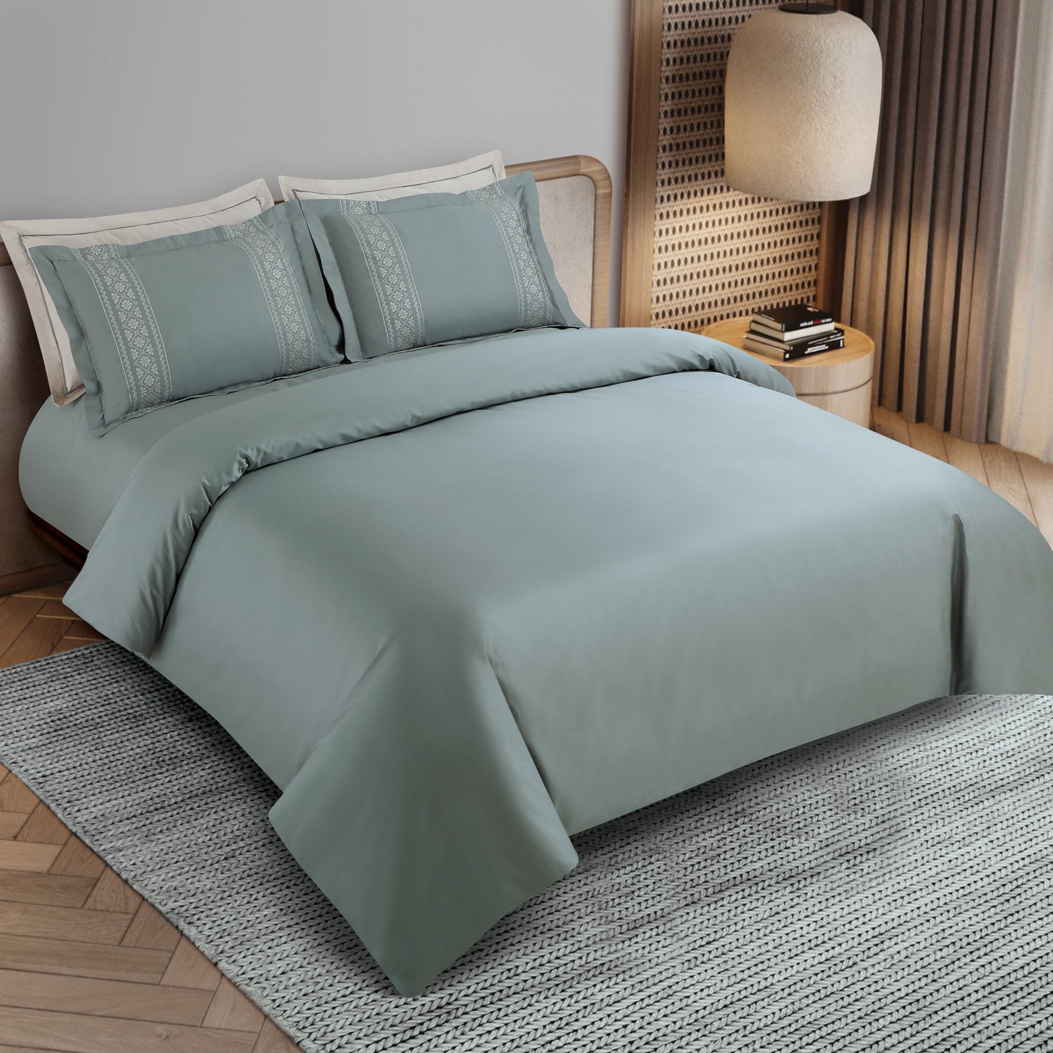 Malako Luxe Collection: 550 TC Olive Green Premium Embroidered Bedding - MALAKO