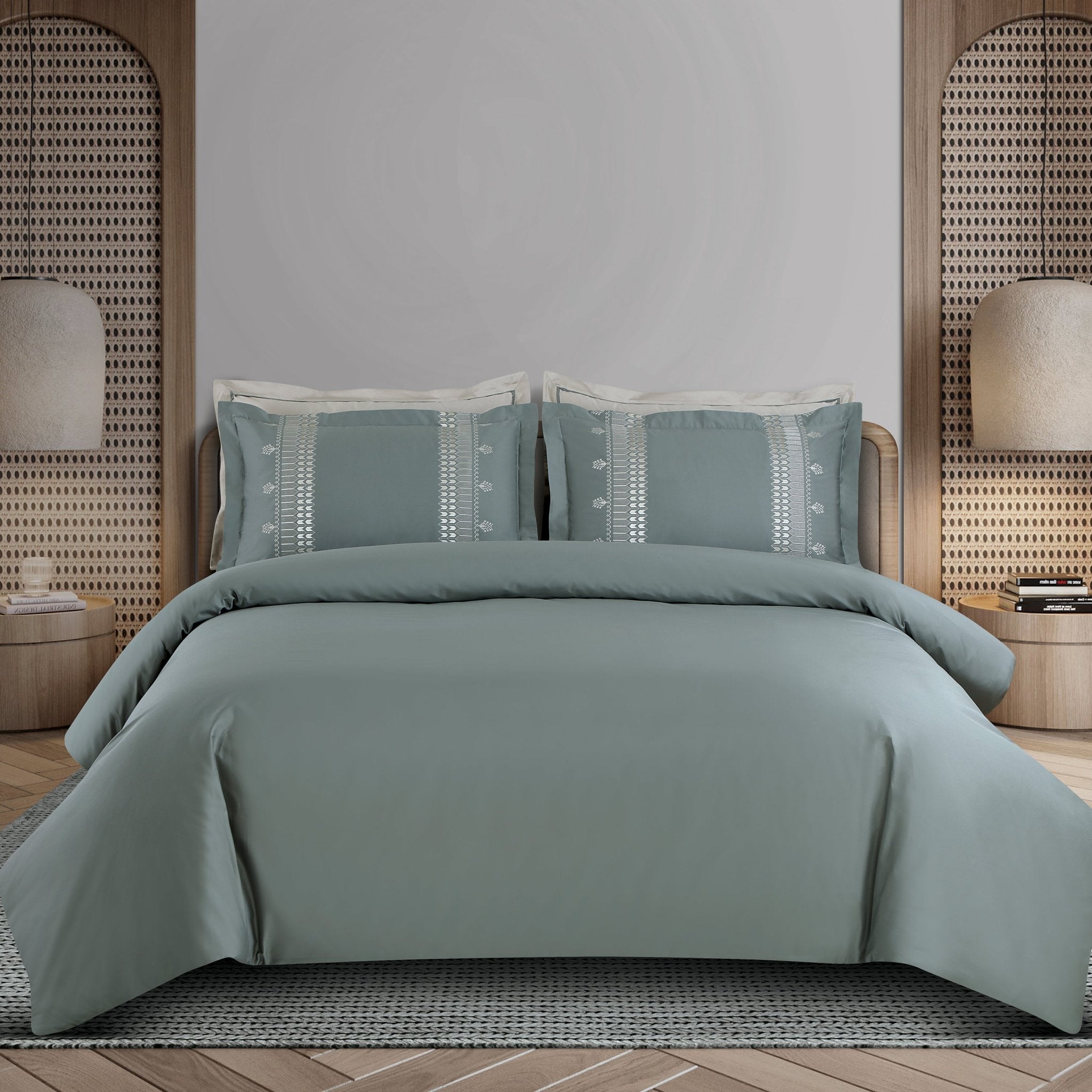 Malako Luxe Collection: 550 TC Olive Green Premium Embroidered Bedding - MALAKO