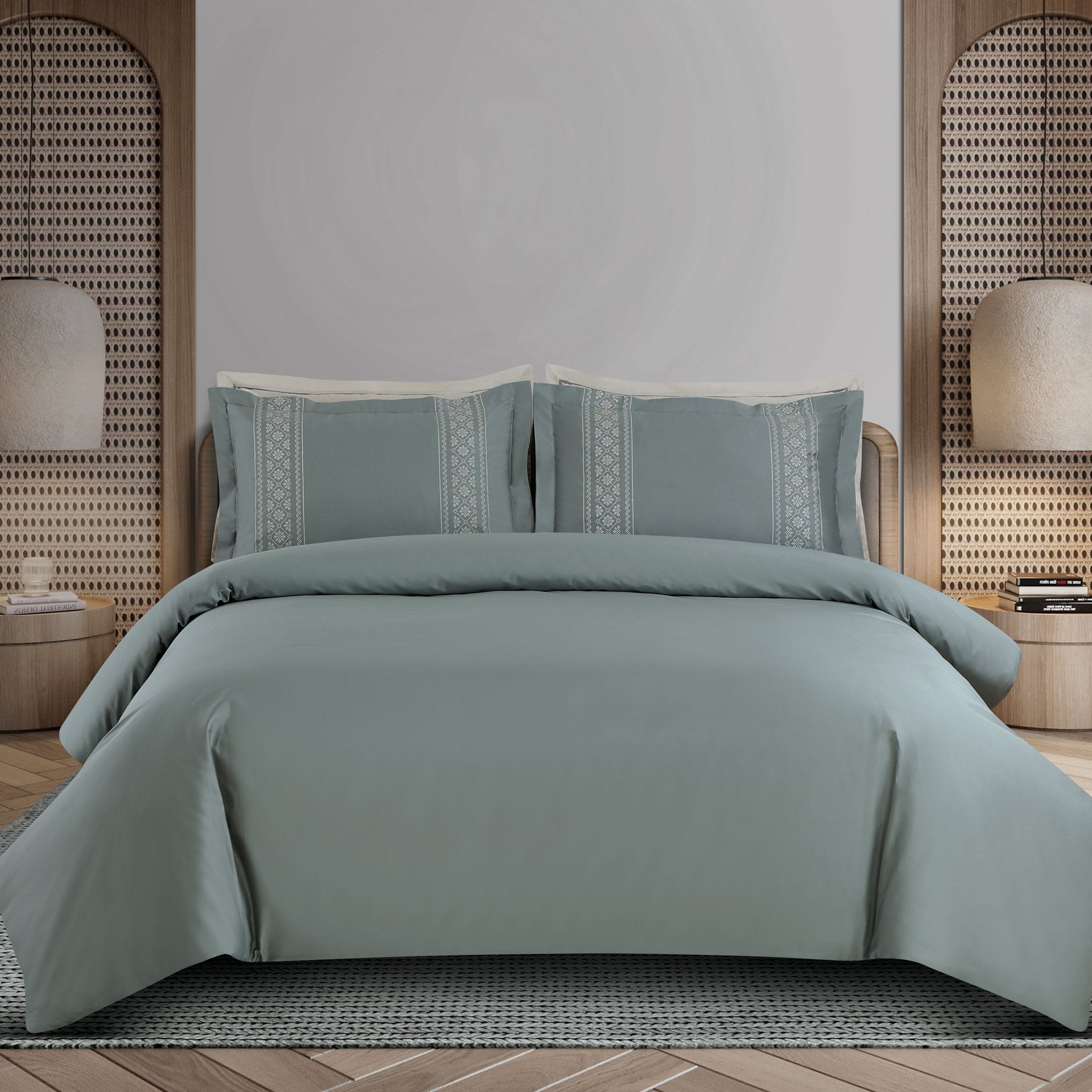 Malako Luxe Collection: 550 TC Olive Green Premium Embroidered Bedding - MALAKO